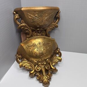 Vintage Pair 1978 Homco Gold Plastic Wall Pocket Resin Planter Hollywood Regency